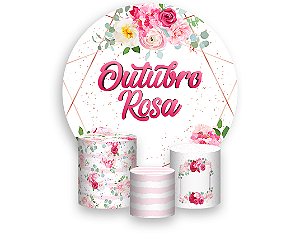 Painel De Festa Redondo 1,50 x 1,50 + Trio De Capas Cilindro - Outubro Rosa Floral 003