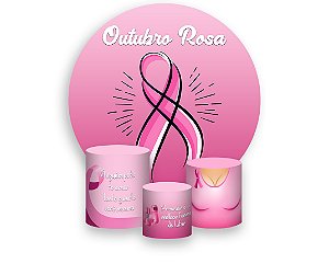 Painel De Festa Redondo 1,50 x 1,50 + Trio De Capas Cilindro - Outubro Rosa Degradê 012