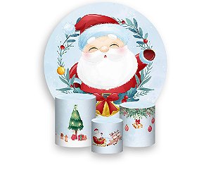 Painel De Festa Redondo 1,50 x 1,50 + Trio De Capas Cilindro - Natal Papai Noel Cute 005