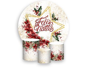 Painel De Festa Redondo 1,50 x 1,50 + Trio De Capas Cilindro - Feliz Natal Estrela 017