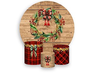Painel De Festa Redondo 1,50 x 1,50 + Trio De Capas Cilindro - Natal Guirlanda e Laços 026