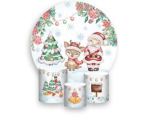 Painel De Festa Redondo 1,50 x 1,50 + Trio De Capas Cilindro -  Papai Noel Cute 028