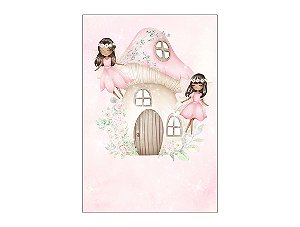 Painel De Festa Vertical 1,50 x 2,20 - Fadas Casinha Rosa com Flores 017