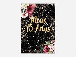 Painel De Festa Vertical 1,50 x 2,20 - Meus 15 Anos Dourado Floral 032