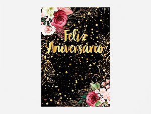 Painel De Festa Vertical 1,50 x 2,20 - Flores eliz Aniversário Dourado 012