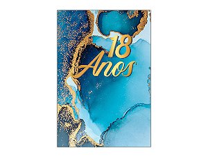 Painel De Festa Vertical 1,50 x 2,20 - Efeito Mármore Azul com Dourado 18 Anos 062