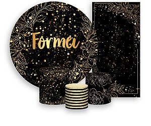 Painel De Festa + Trio De Capas Cilindro + Faixa Veste Fácil - Formei Efeito Brilhos Dourado 003