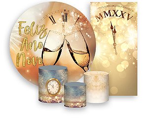 Painel De Festa + Trio De Capas Cilindro + Faixa Veste Fácil - Ano Novo Dourado 001