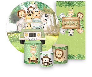 Painel De Festa + Trio De Capas Cilindro + Faixa Veste Fácil - Safari no Bosque Todos 003