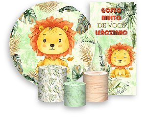 Painel De Festa + Trio De Capas Cilindro + Faixa Veste Fácil - Leãozinho Safari Cute 006