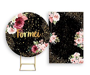 Painel De Festa Redondo 1,50x1,50 + Vertical 1,50x2,20 - Formei Dourado Floral 006