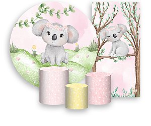 Painel De Festa + Trio De Capas Cilindro + Faixa Veste Fácil - Safari Coala Rosa 017