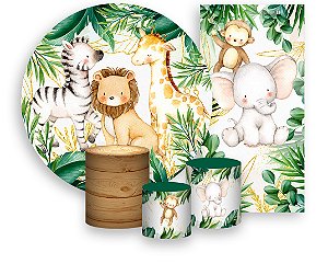 Painel De Festa + Trio De Capas Cilindro + Faixa Veste Fácil - Safari Selva Folhagens 021