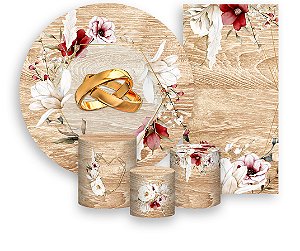 Painel De Festa + Trio De Capas Cilindro + Faixa Veste Fácil - Noivado Casamento Floral 002