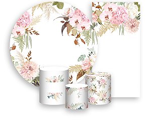 Painel De Festa + Trio De Capas Cilindro + Faixa Veste Fácil - Noivado e Casamento Flores 009