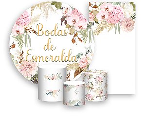 Painel De Festa + Trio De Capas Cilindro + Faixa Veste Fácil - Flores Bodas de Esmeralda Elegante 011