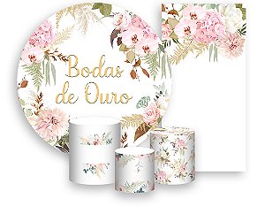 Painel De Festa + Trio De Capas Cilindro + Faixa Veste Fácil - Flores Bodas de Ouro Elegante 015