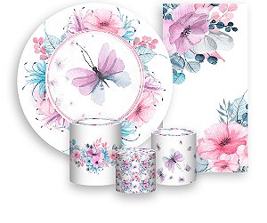 Painel De Festa + Trio De Capas Cilindro + Faixa Veste Fácil - Borboletas e Flores Rosa e Lilás 002