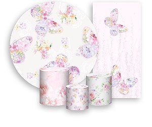 Painel De Festa + Trio De Capas Cilindro + Faixa Veste Fácil - Borboleta Floral Rosa e Lilás Suave 018