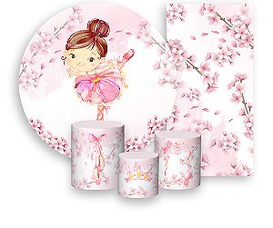 Painel De Festa + Trio De Capas Cilindro + Faixa Veste Fácil - Bailarina Flor Cerejeira 001