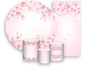 Painel De Festa + Trio De Capas Cilindro + Faixa Veste Fácil - Flor de Cerejeira Suave 004
