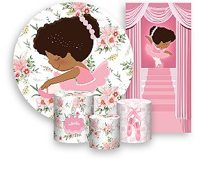 Painel De Festa + Trio De Capas Cilindro + Faixa Veste Fácil - Bailarina Cacheado Rosa 008