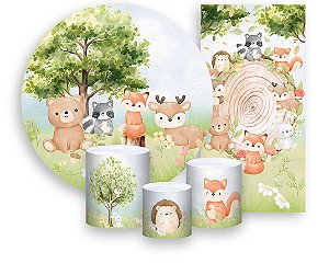 Painel De Festa + Trio De Capas Cilindro + Faixa Veste Fácil - Bosque Bege Animais Cute 005