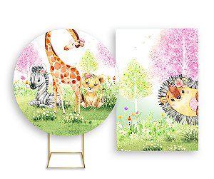 Painel De Festa Redondo 1,50x1,50 + Vertical 1,50x2,20 - Safari Animais Aquarela 001