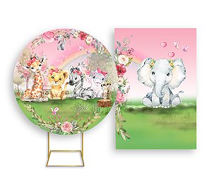 Painel De Festa Redondo 1,50x1,50 + Vertical 1,50x2,20 - Safari Rosa Florido 003