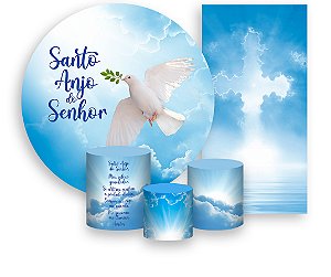 Painel De Festa + Trio De Capas Cilindro + Faixa Veste Fácil - Batizado Azul Santo Anjo 006