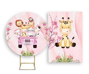 Painel De Festa Redondo 1,50x1,50 + Vertical 1,50x2,20 - Safari Girafinha Cute 004