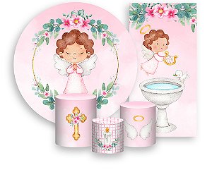 Painel De Festa + Trio De Capas Cilindro + Faixa Veste Fácil -  Batizado Anjinha Rosa Aquarela 010