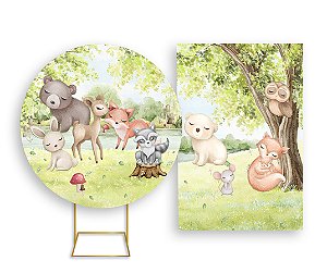 Painel De Festa Redondo 1,50x1,50 + Vertical 1,50x2,20 - Safari Animais Cute Aquarela 019