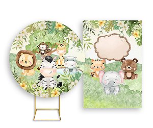 Painel De Festa Redondo 1,50x1,50 + Vertical 1,50x2,20 - Safari Animais Cute 027