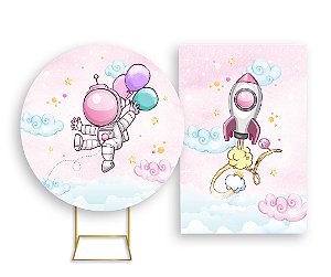 Painel De Festa Redondo 1,50x1,50 + Vertical 1,50x2,20 - Astronauta Cute Rosa 003