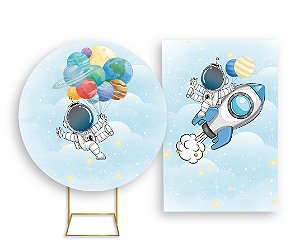 Painel De Festa Redondo 1,50x1,50 + Vertical 1,50x2,20 - Astronauta Cute Azul 004