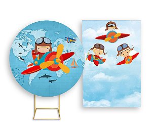 Painel De Festa Redondo 1,50x1,50 + Vertical 1,50x2,20 - Aviador Cute 002