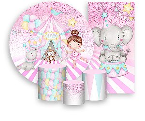 Painel De Festa + Trio De Capas Cilindro + Faixa Veste Fácil - Circo Rosa Estrela e Balões 002