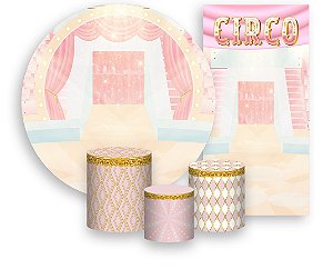 Painel De Festa + Trio De Capas Cilindro + Faixa Veste Fácil - Circo Rosa e Dourado 011