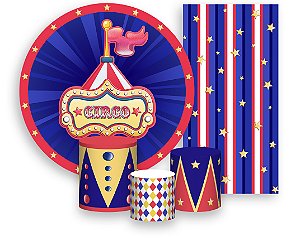 Painel De Festa + Trio De Capas Cilindro + Faixa Veste Fácil - Circo Azul 021