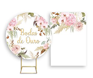 Painel De Festa Redondo 1,50x1,50 + Vertical 1,50x2,20 - Bodas de Ouro Floral 014