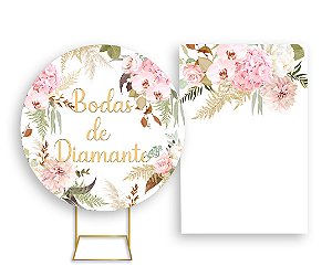 Painel De Festa Redondo 1,50x1,50 + Vertical 1,50x2,20 - Bodas de Diamante Floral 016