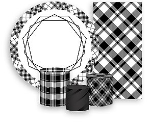 Painel De Festa + Trio De Capas Cilindro + Faixa Veste Fácil - Estampa Xadrez Preto e Branco 001