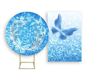 Painel De Festa Redondo 1,50x1,50 + Vertical 1,50x2,20 - Borboleta Efeito Glitter Azul 003