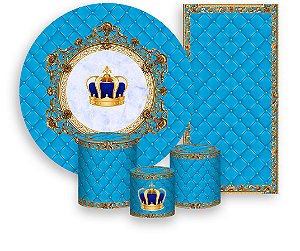 Painel De Festa + Trio De Capas Cilindro + Faixa Veste Fácil - Capitonê Azul Claro Coroa 003