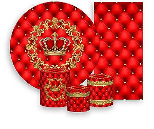 Painel De Festa + Trio De Capas Cilindro + Faixa Veste Fácil - Realeza Capitonê Vermelho e Dourado 004