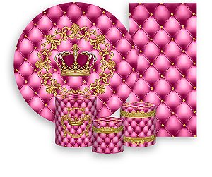 Painel De Festa + Trio De Capas Cilindro + Faixa Veste Fácil - Realeza Capitonê Rosa Pink e Dourado 006