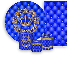 Painel De Festa + Trio De Capas Cilindro + Faixa Veste Fácil - Realeza Capitonê Azul  e Dourado 008