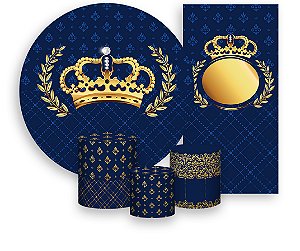 Painel De Festa + Trio De Capas Cilindro + Faixa Veste Fácil - Realeza Folhagem Azul e Dourado 010