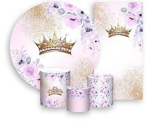 Painel De Festa + Trio De Capas Cilindro + Faixa Veste Fácil - Realeza Rosa e Lilás Floral 011